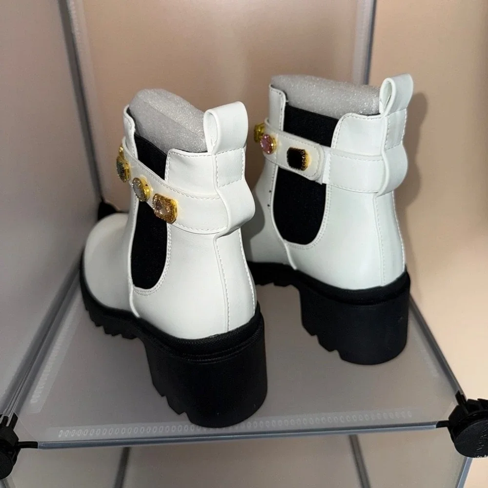 Forever Link Women's Chelsea Studded Strap Chunky Ankle Boot White Size 5.5